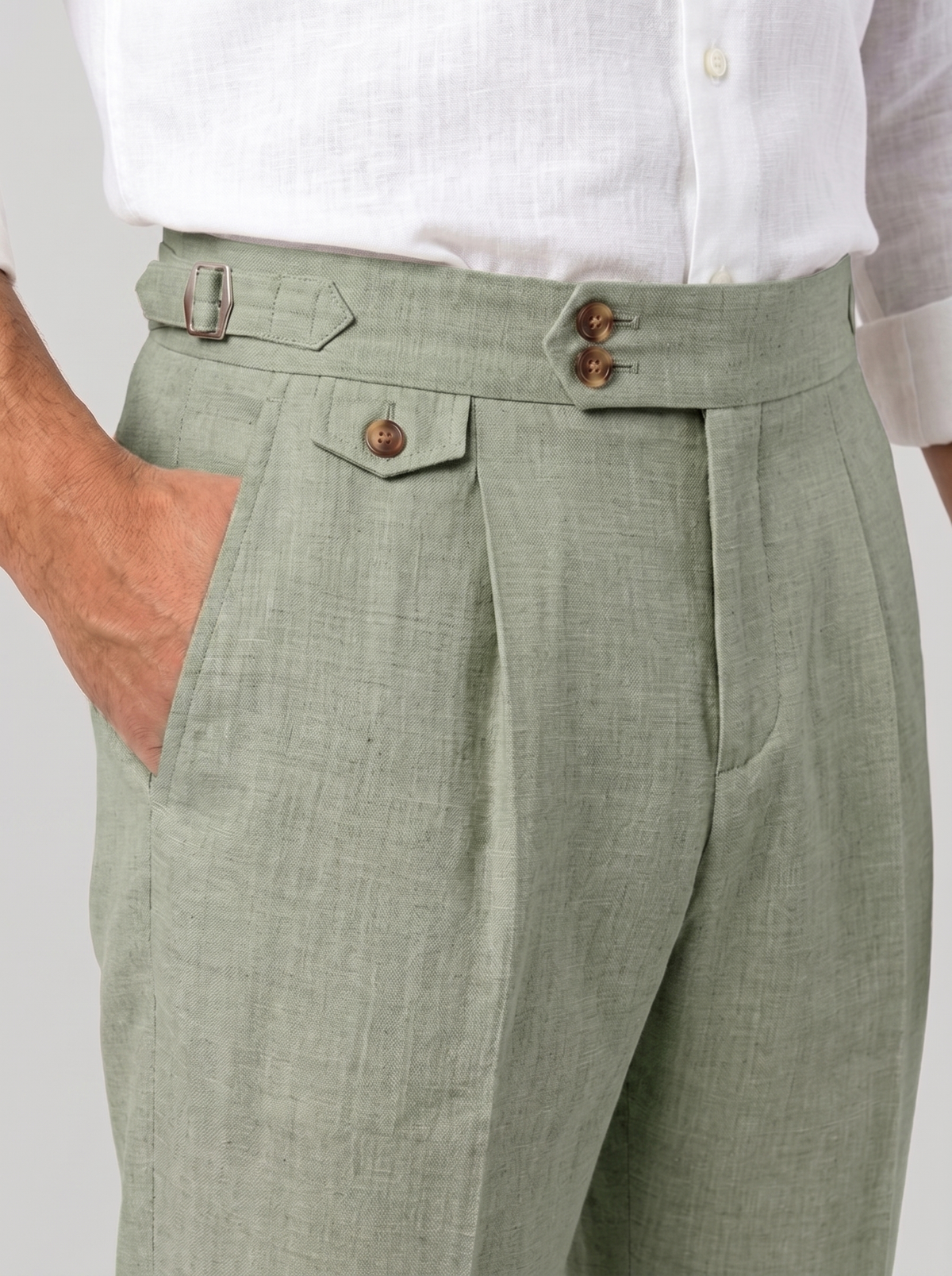 Waistband detail, Gurkha Trousers, Sage