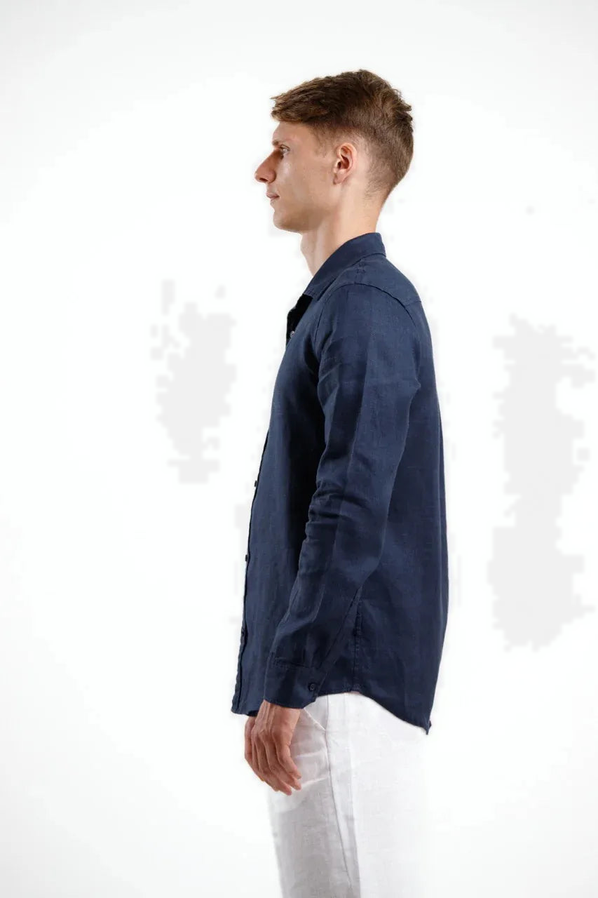 Linnen overhemd met lange mouwen, marineblauw