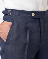 Pleated Linen Trousers, Navy view 3