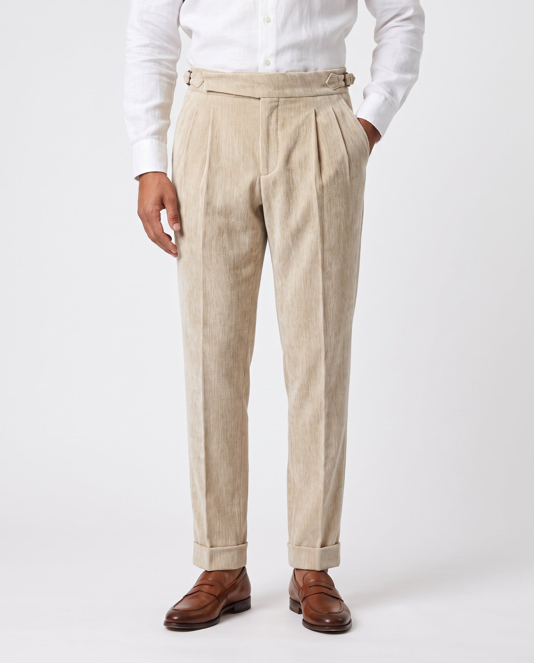 Venezia Pleated Velvet Gurkha Trouser - Oat Cream