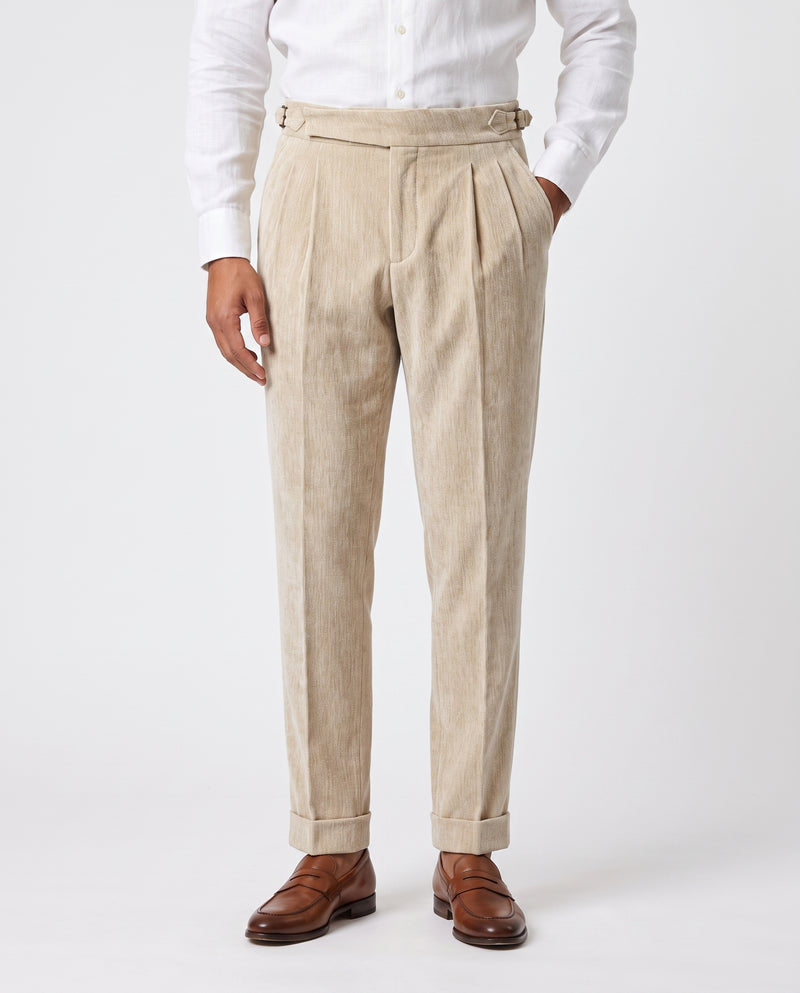Venezia Pleated Velvet Gurkha Trouser - Oat Cream