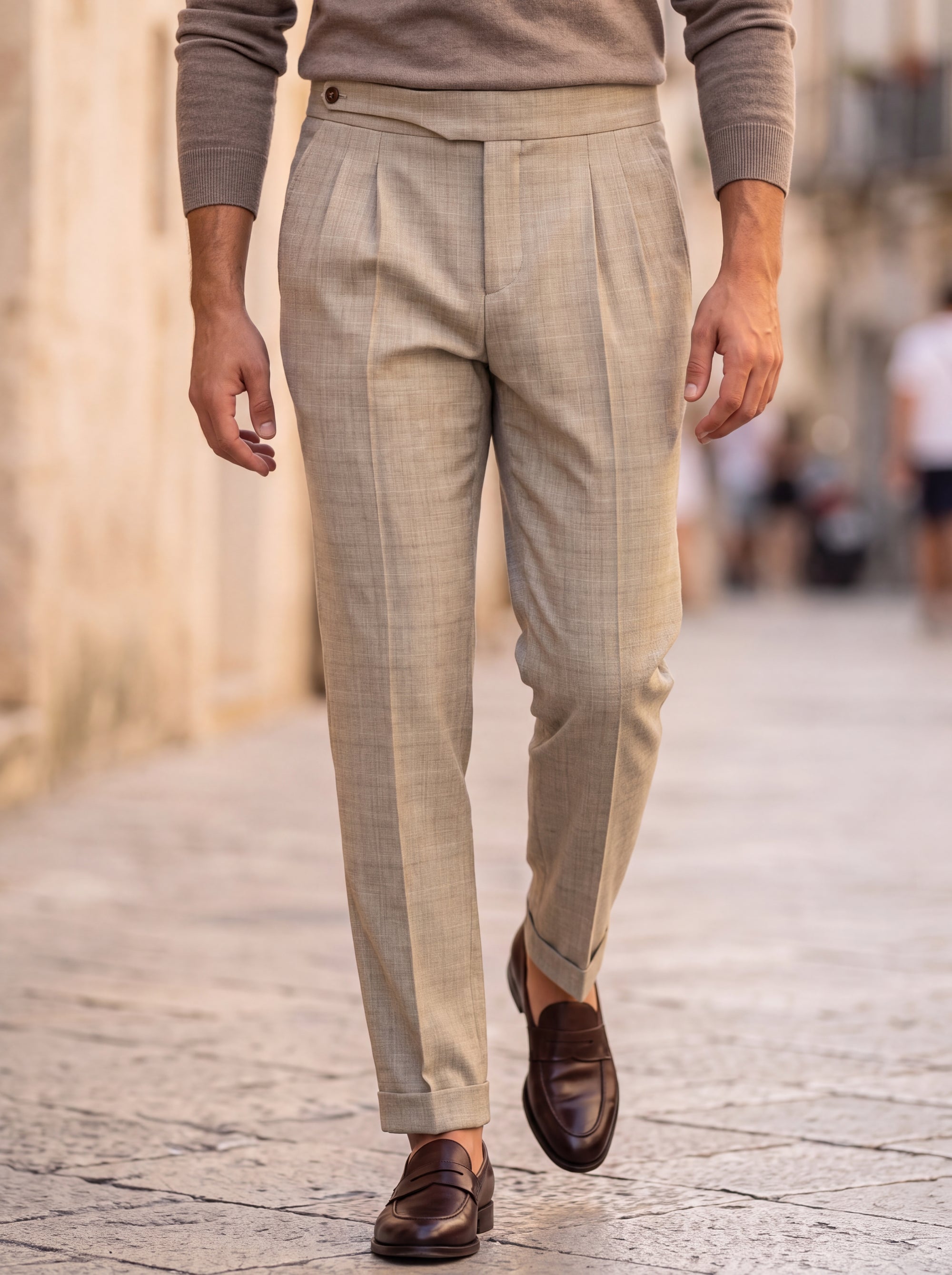 Capri Pleated Side-Tab Trouser - Oatmeal