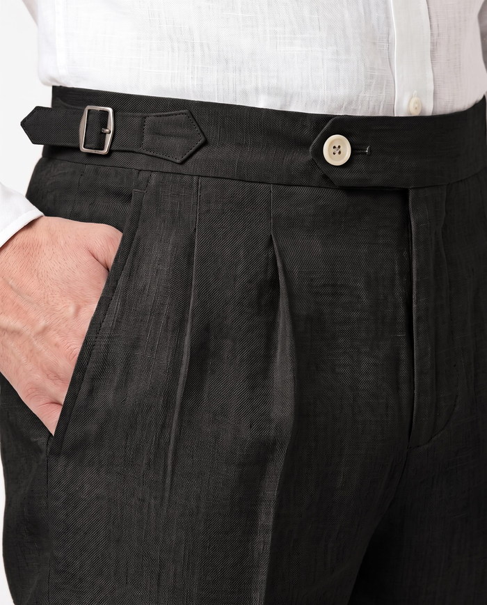Pleated Linen Trousers, Black