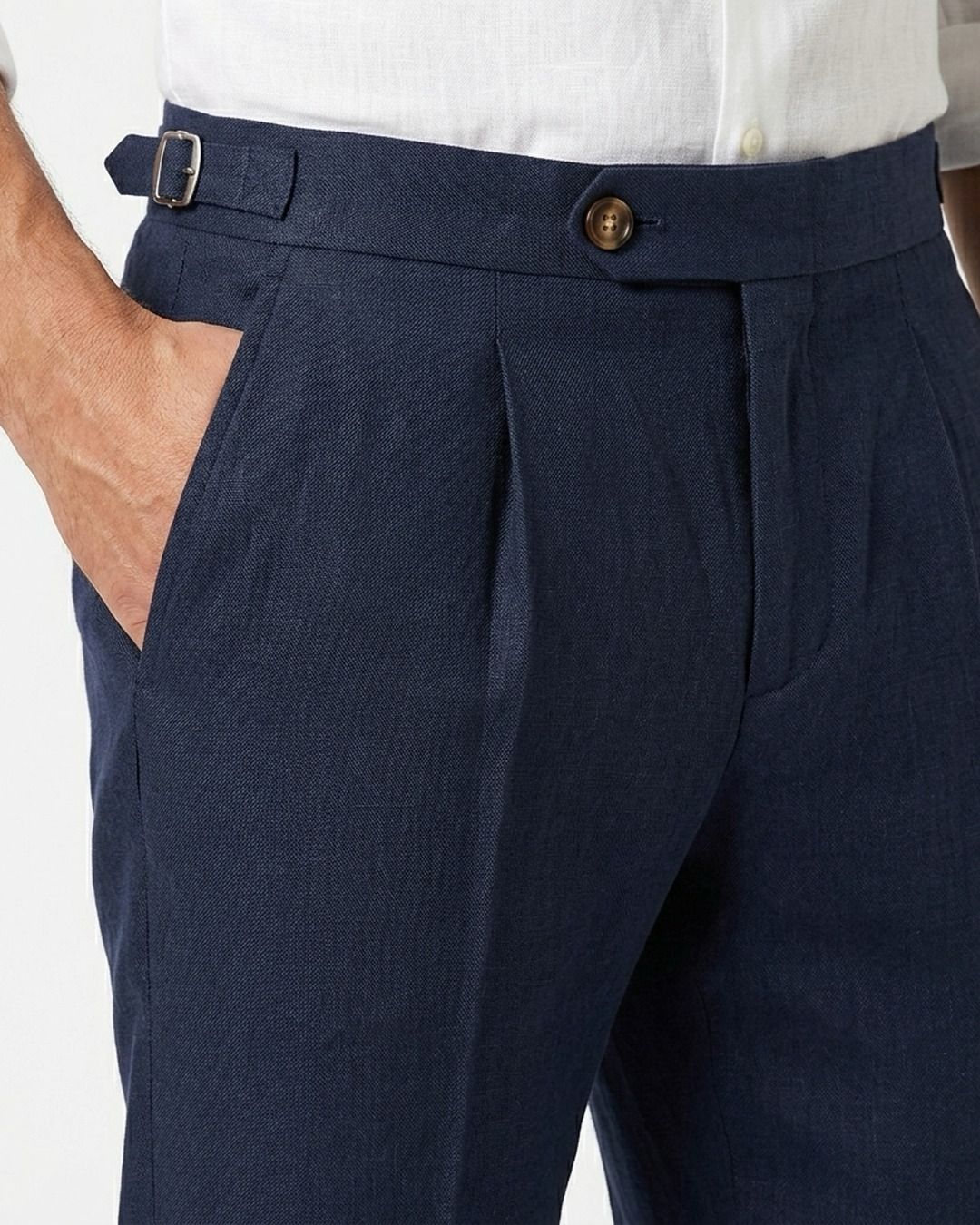 Pleated Linen Trousers, Navy