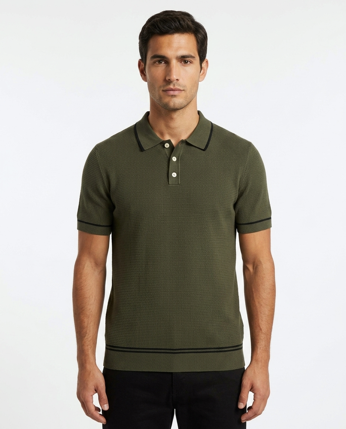 Tipped Knit Polo, Olive