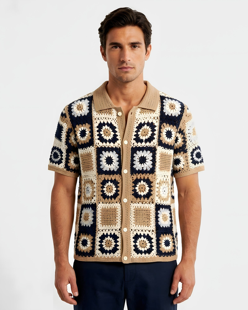 Positano Granny-Square Crochet Shirt - Navy Tan