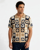 Positano Granny-Square Crochet Shirt - Navy Tan view 2
