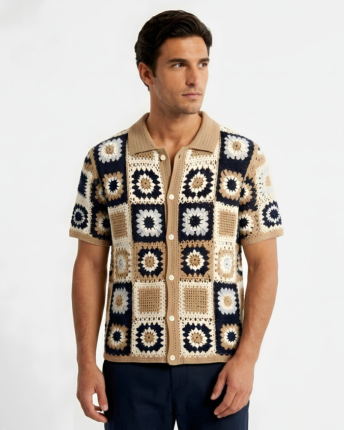 Positano Granny-Square Crochet Shirt - Navy Tan