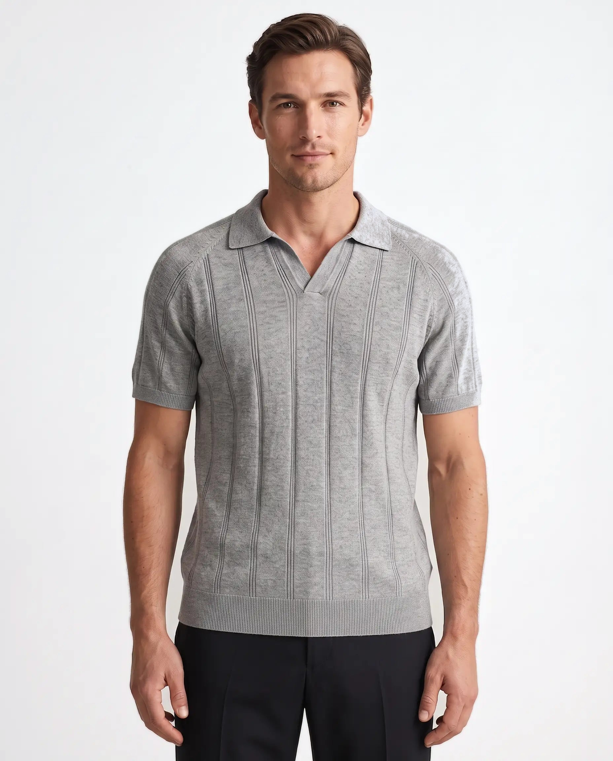 Ribbed Knit Polo, Grey