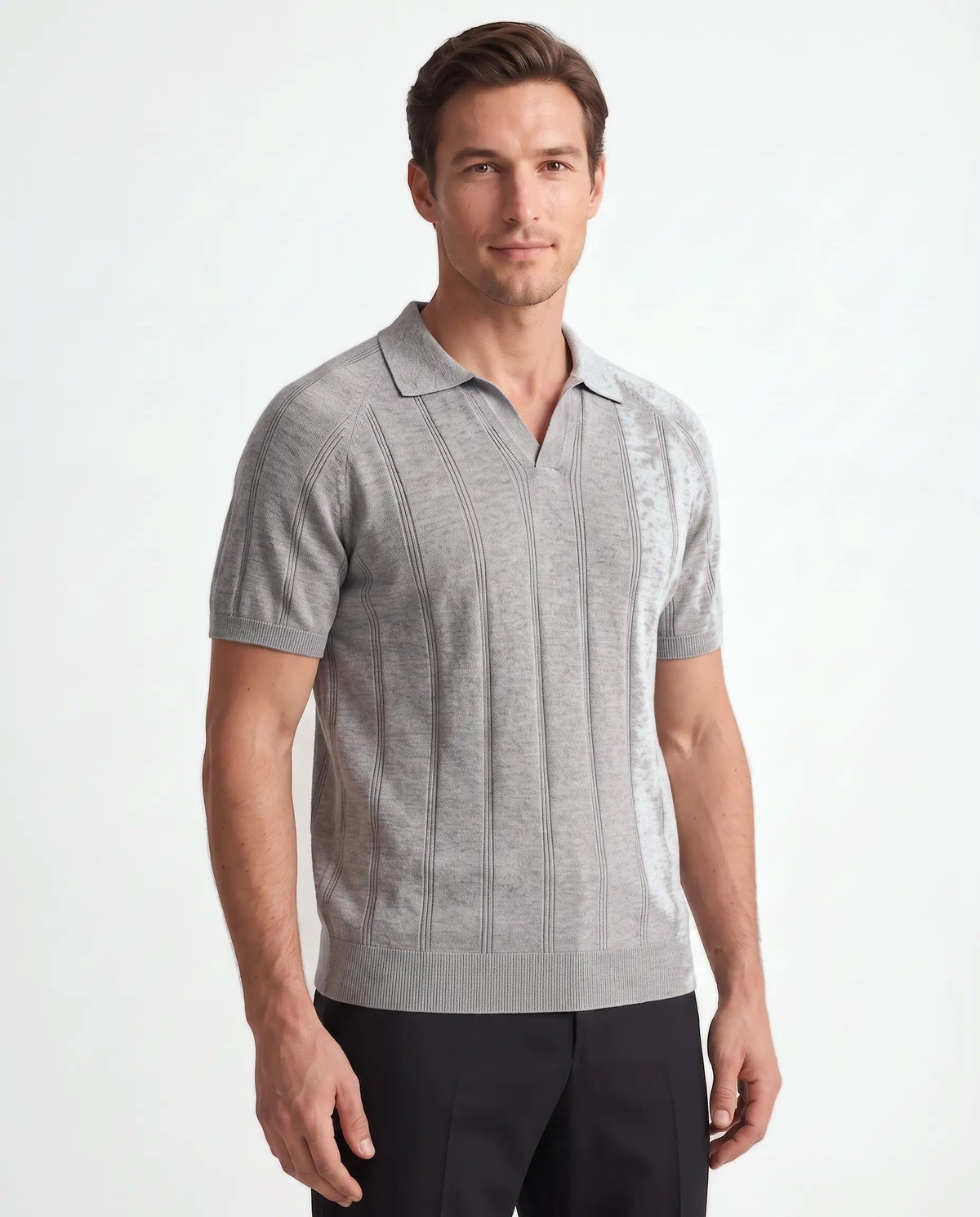Ribbed Knit Polo, Grey