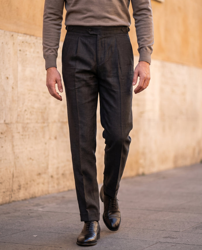 Pleated Linen Trousers, Black
