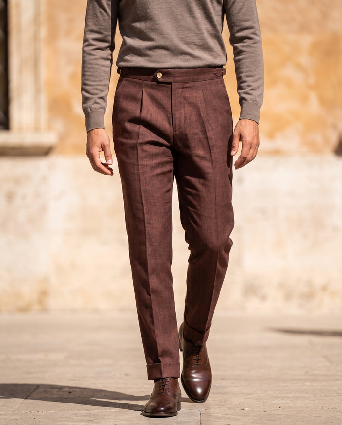 Pleated Linen Trousers, Chocolate