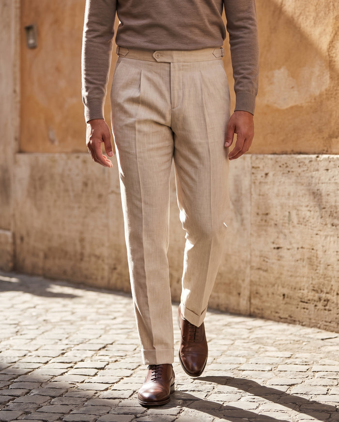 Pleated Linen Trousers, Sand