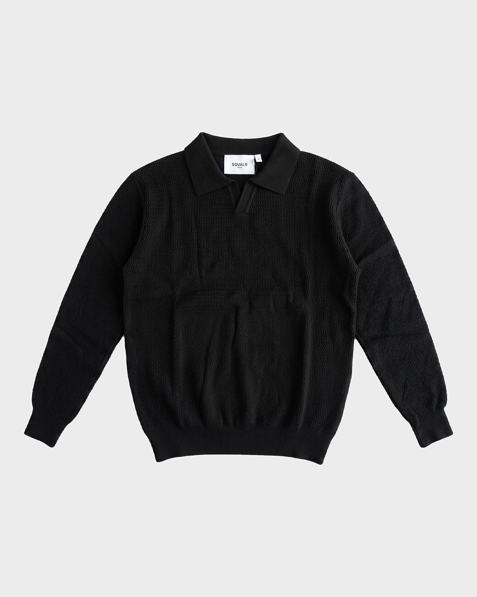 Sirmione Wave-Textured Open-Collar Knit Polo - Black