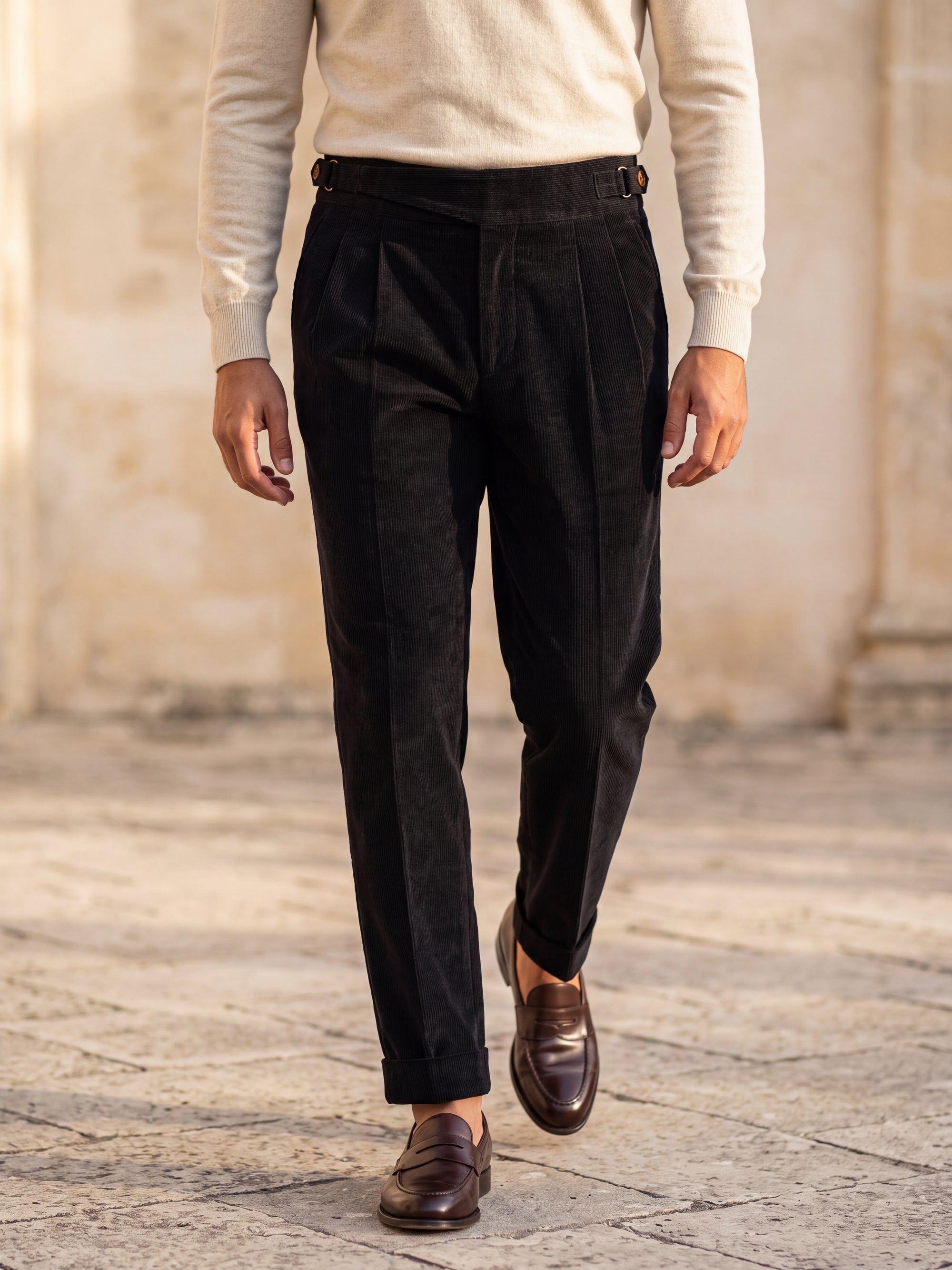 Cervo Pleated Corduroy Gurkha Trouser - Black