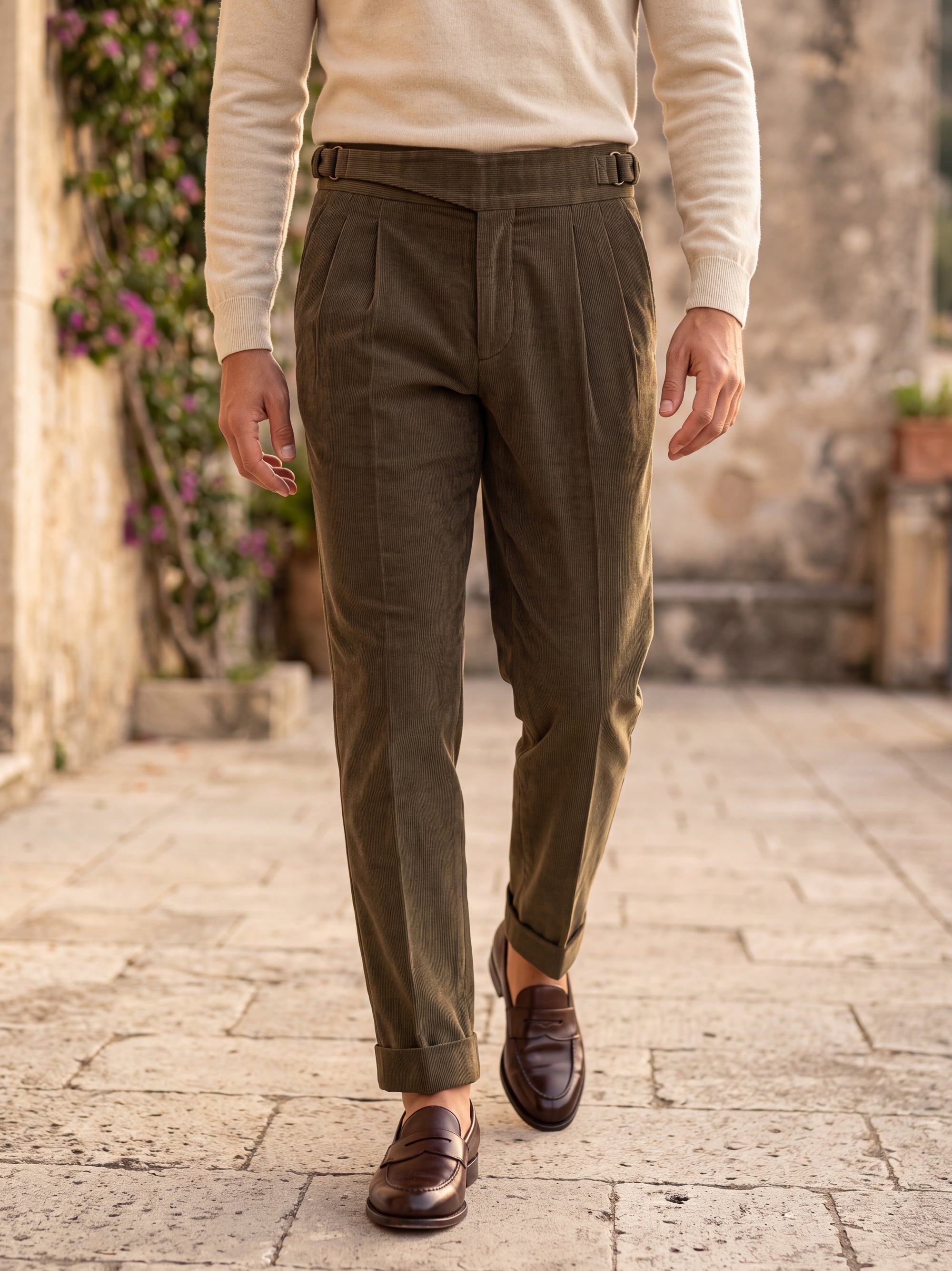 Cervo Pleated Corduroy Gurkha Trouser - Khaki