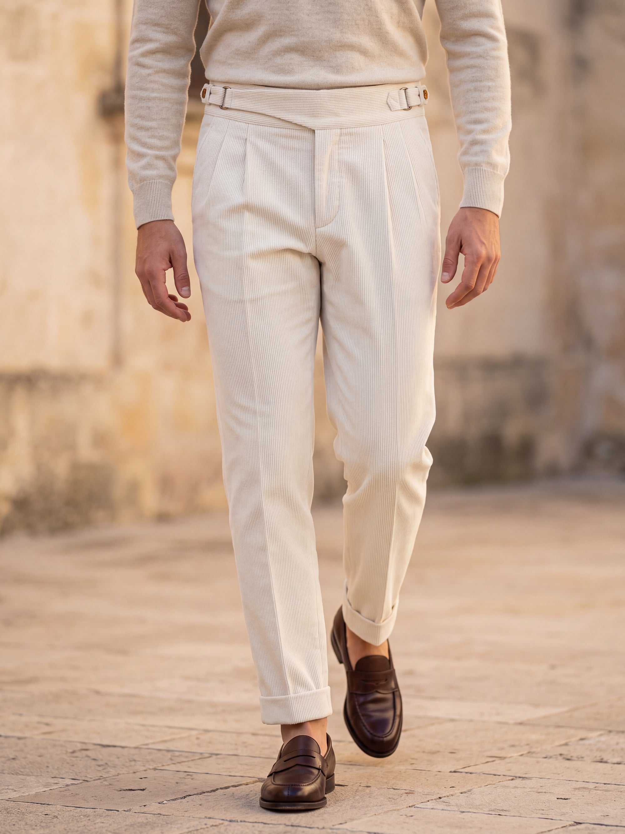 Cervo Pleated Corduroy Gurkha Trouser - Cream