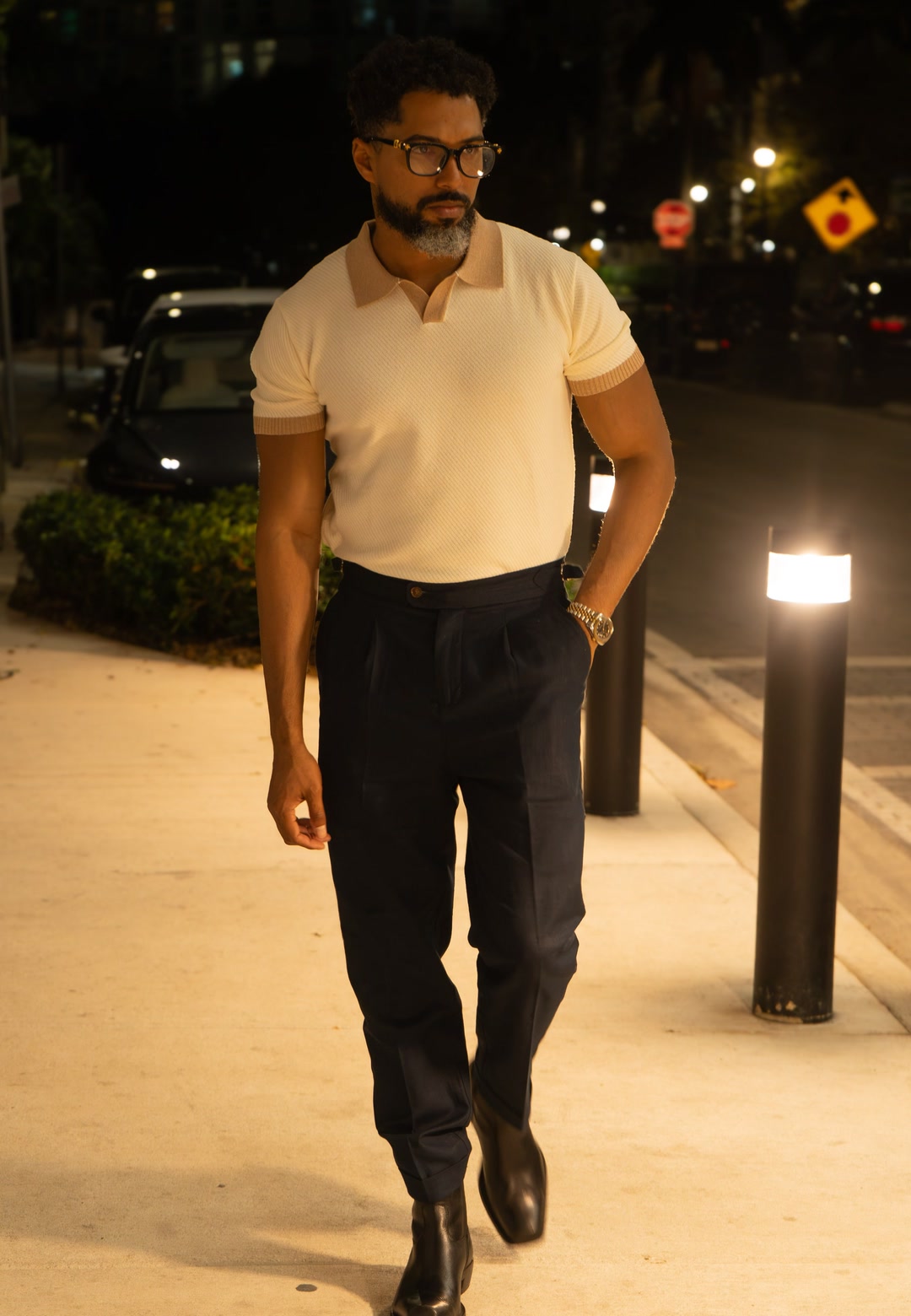Pedro Javier Travieso wearing the Pleated Linen Pants, Navy