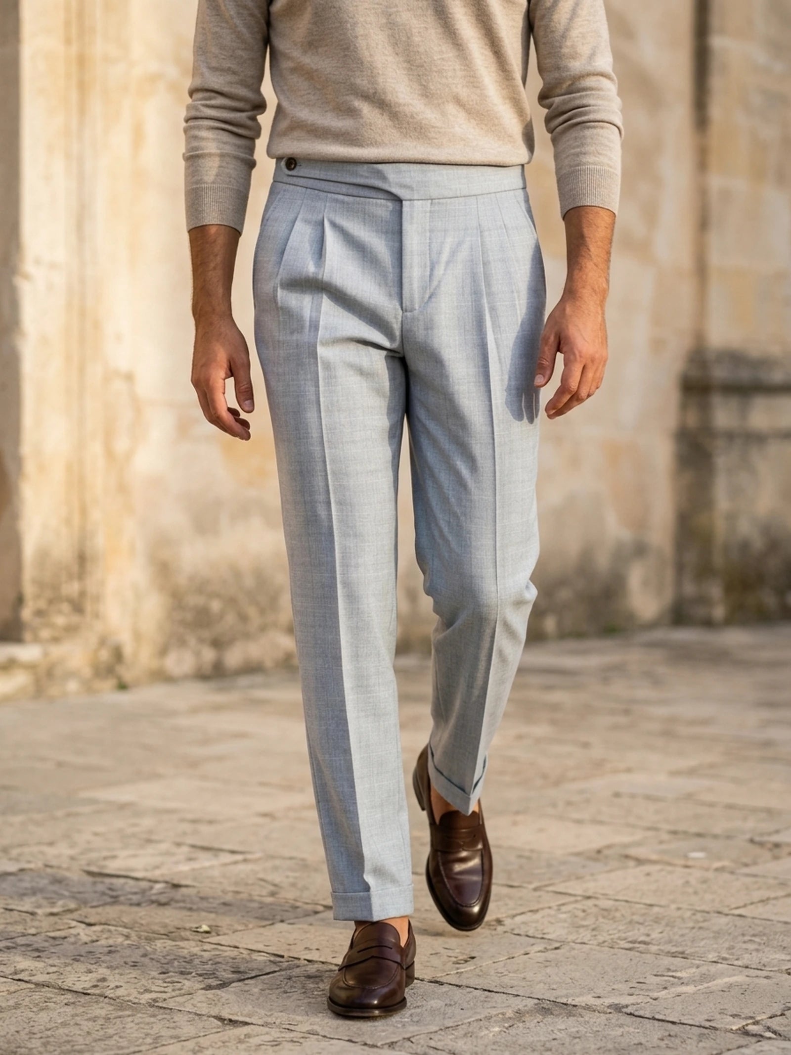 Capri Pleated Side-Tab Trouser - Light Silver Grey