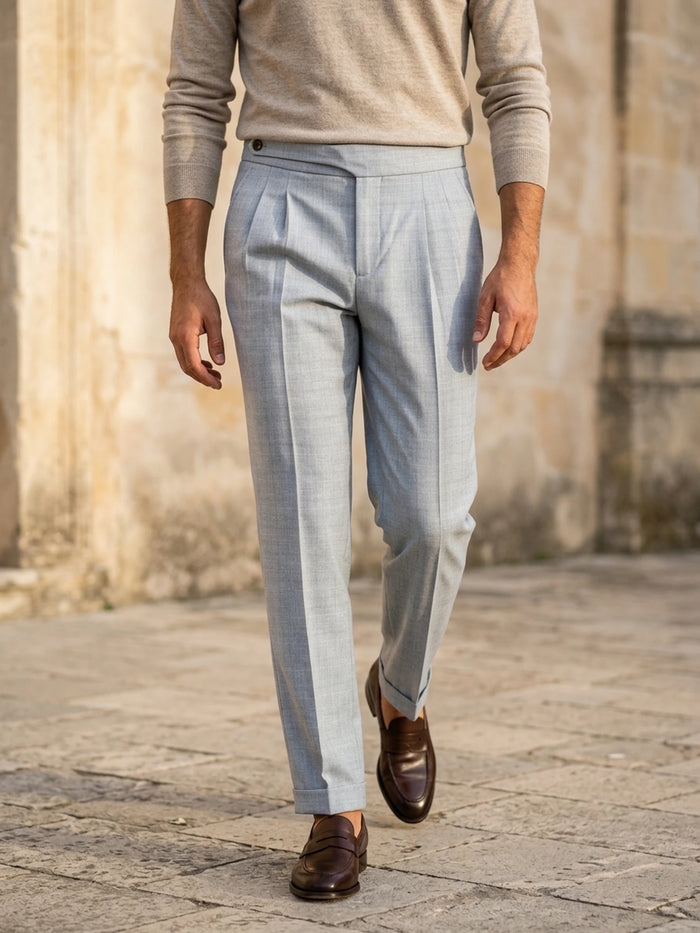Capri Pleated Side-Tab Trouser - Light Silver Grey