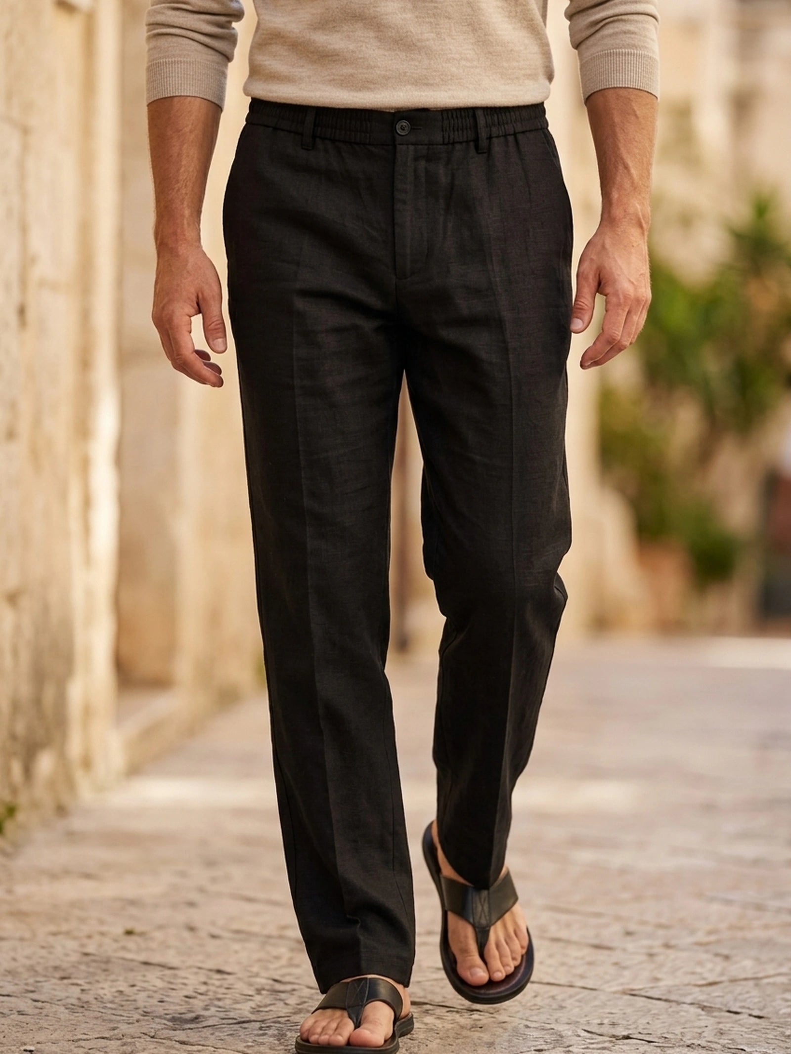 Procida Elastic-Waist Linen Trouser - Black