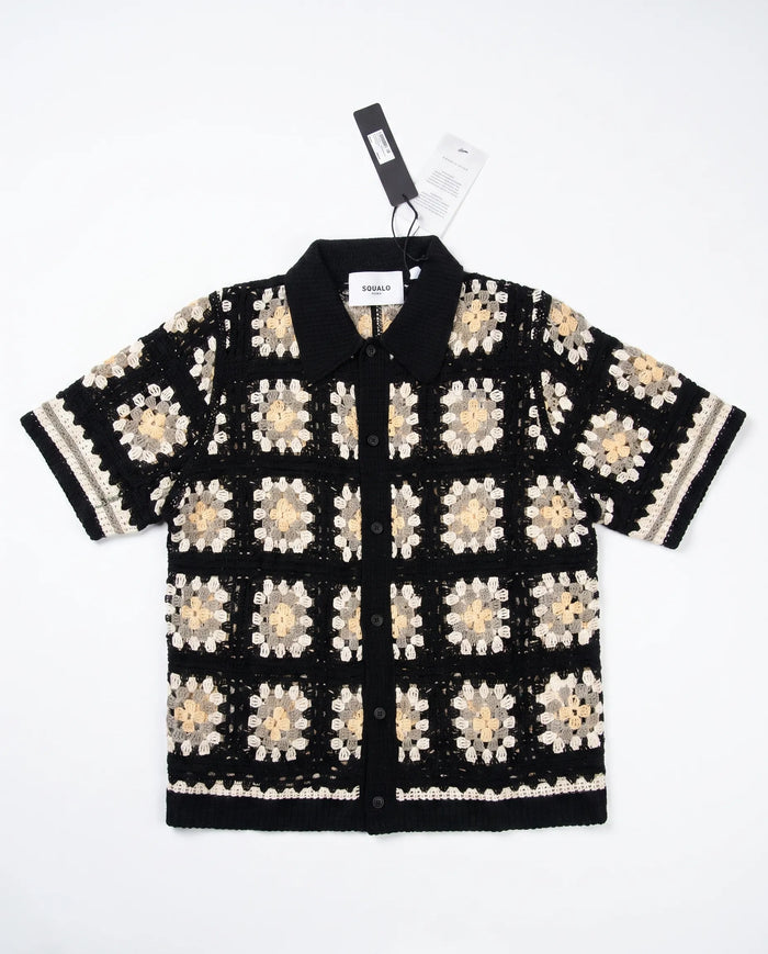 Granny-Square Häkel-Shirt, Schwarz