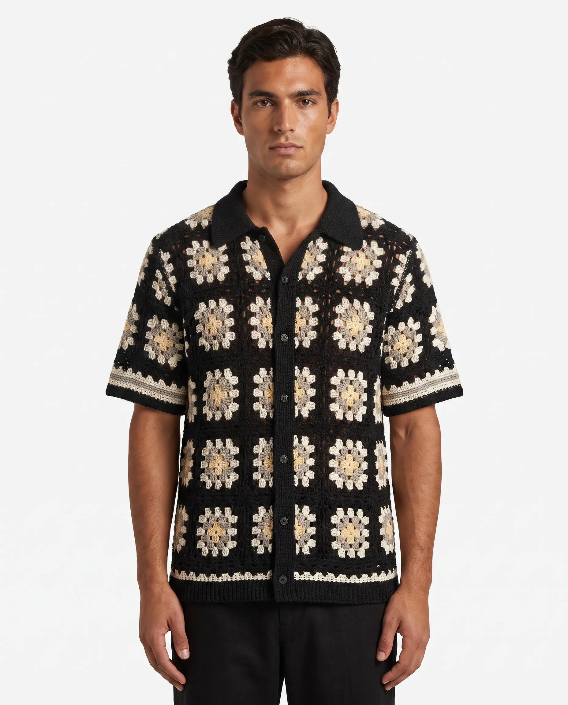 Granny-Square Crochet Shirt, Black