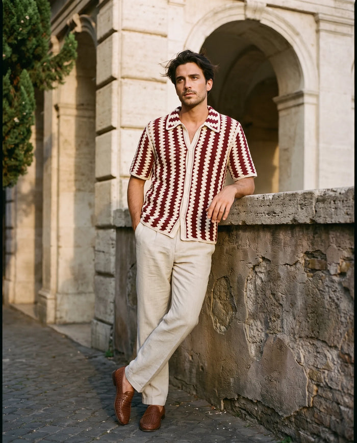 Striped Crochet Camp Shirt, Burgundy