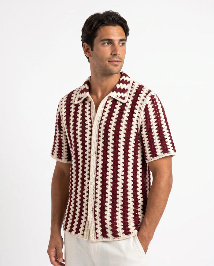 Striped Crochet Camp Shirt, Burgundy