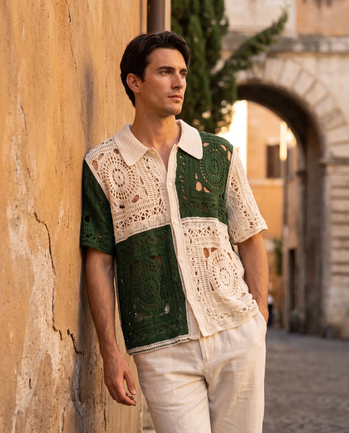 Medallion Crochet Camp Shirt, Green