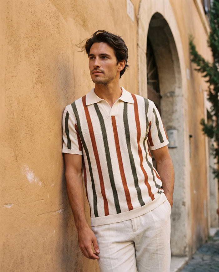 Vertical-Stripe Knit Polo, Rust
