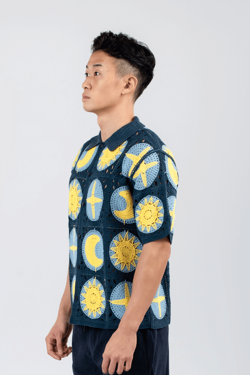 Häkel-Camp-Shirt „Celestial“, Marine