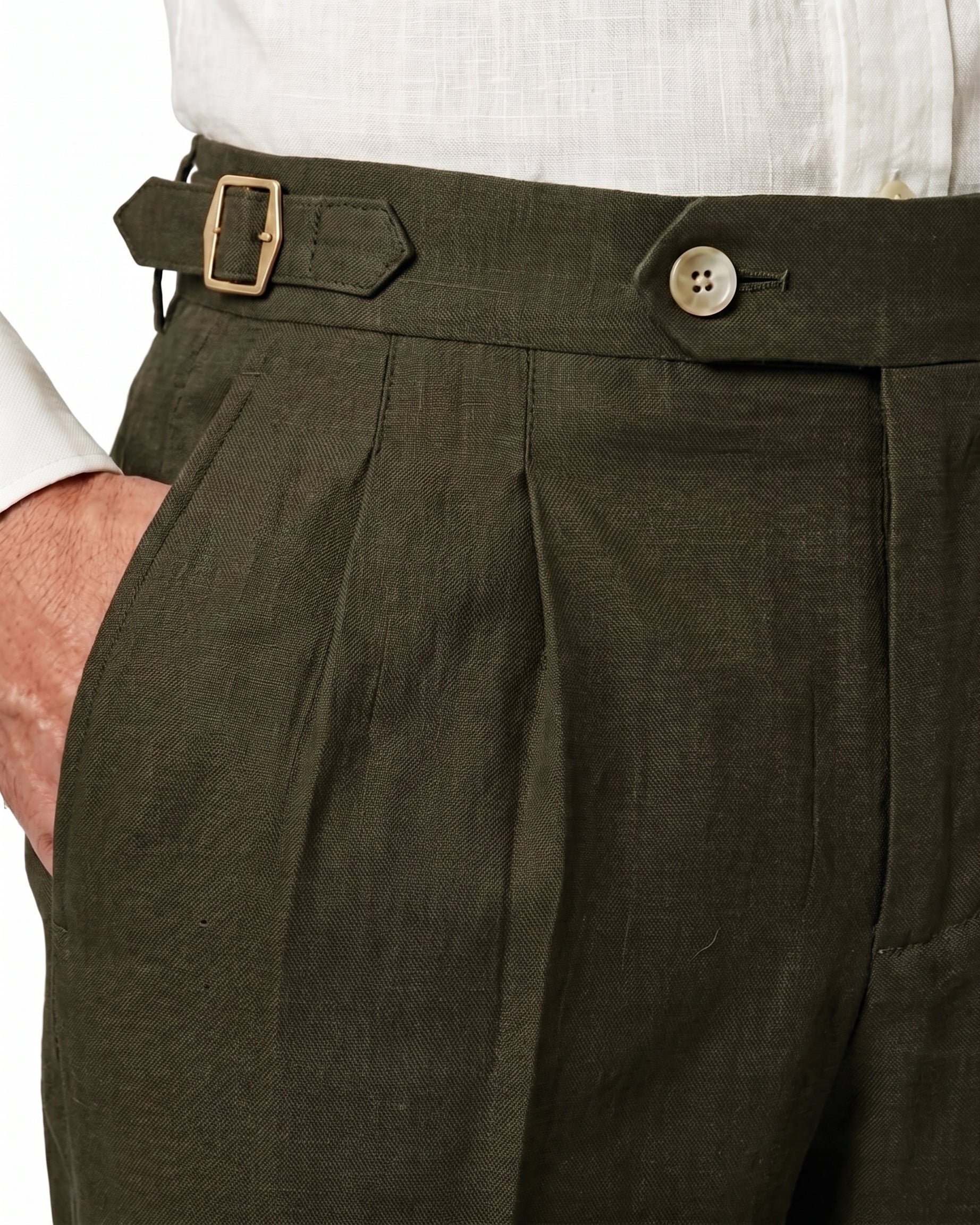 Pleated Linen Trousers, Olive
