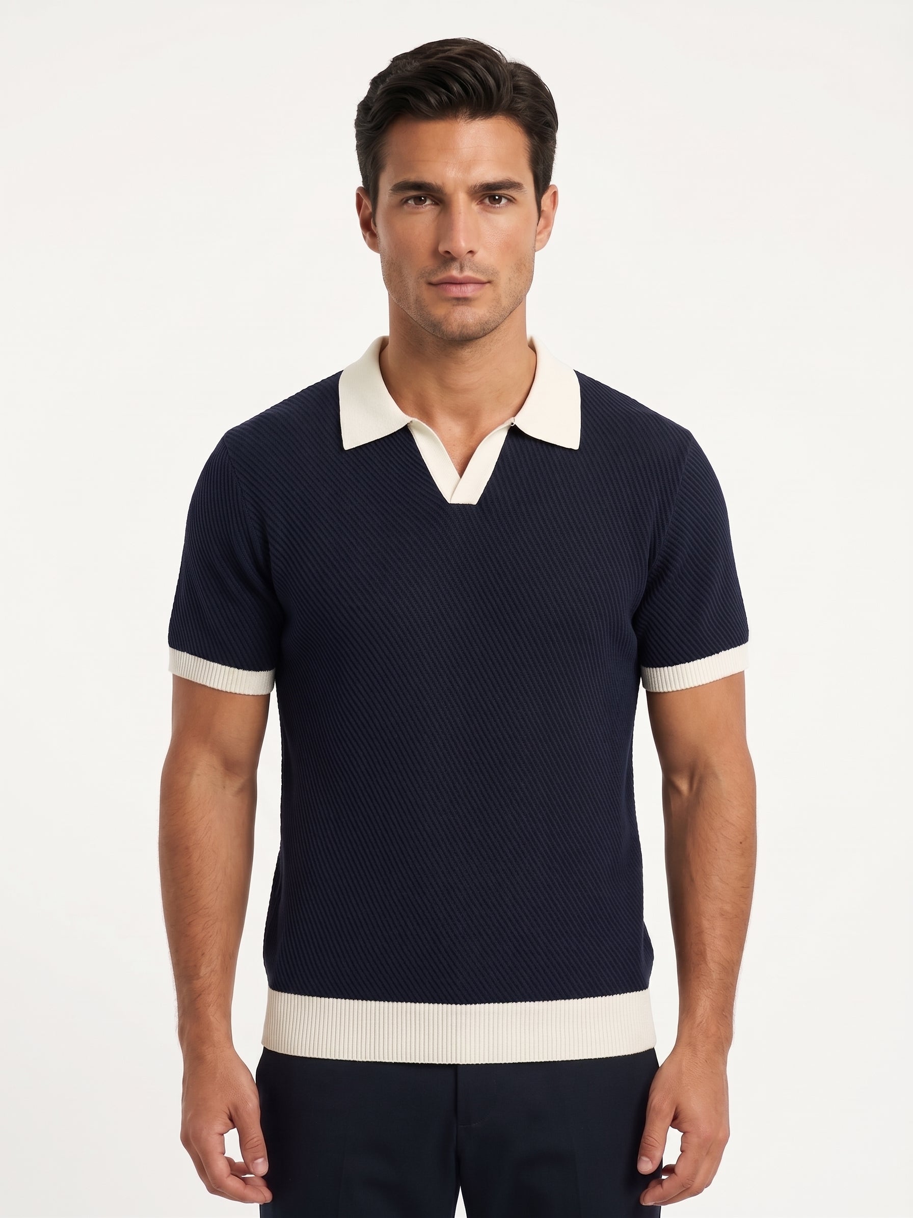 Strick-Poloshirt mit Kontrastkragen, Marineblau