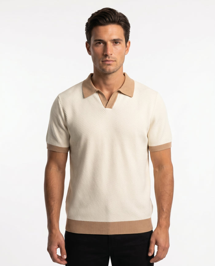 Contrast-Collar Knit Polo, Cream