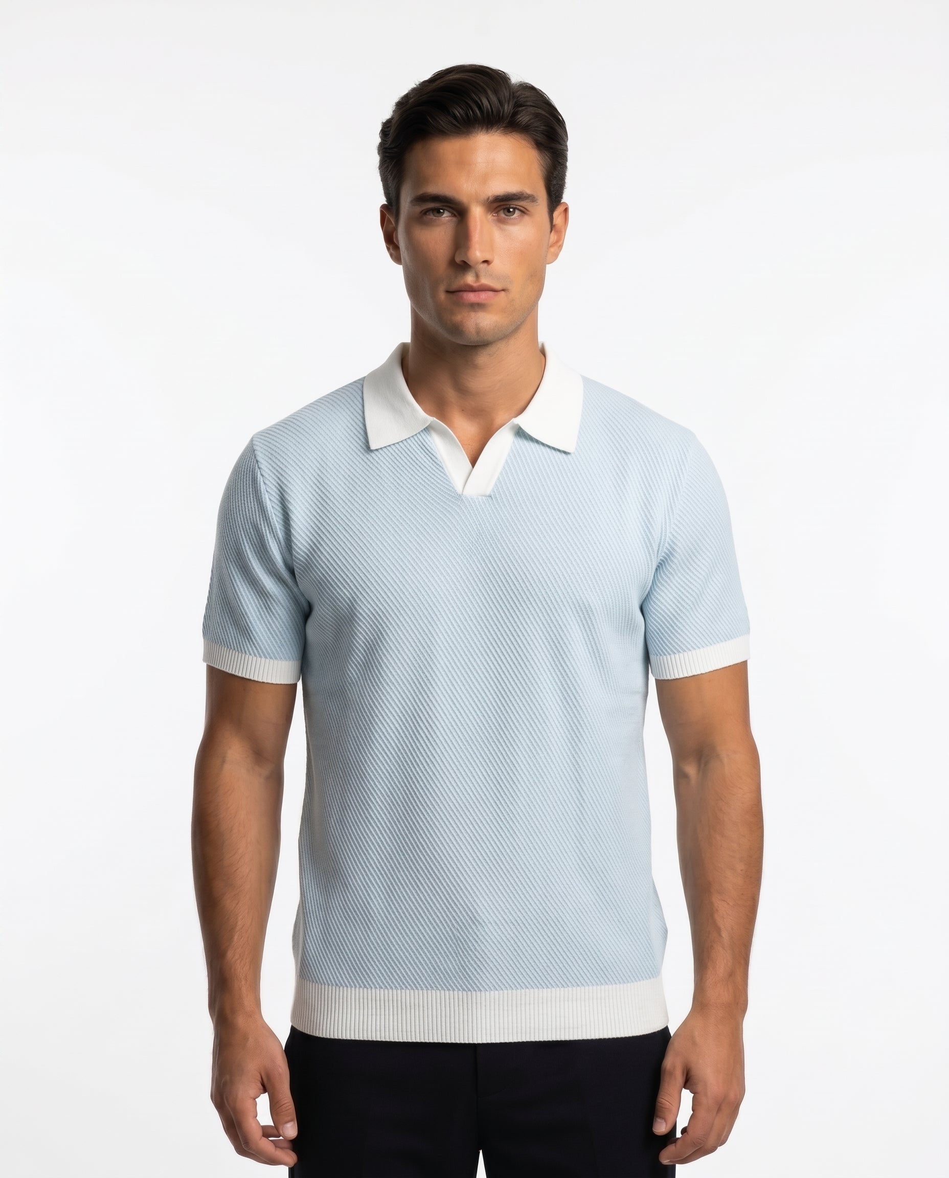 Kontrastkragen-Strickpolo, Himmelblau
