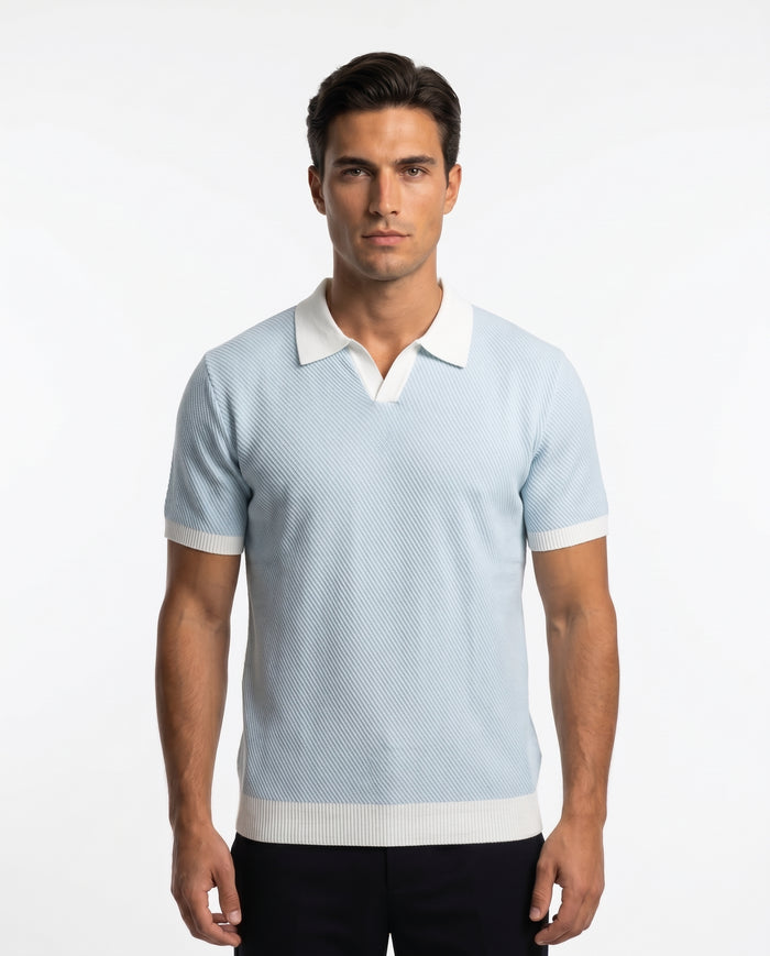 Contrast-Collar Knit Polo, Sky