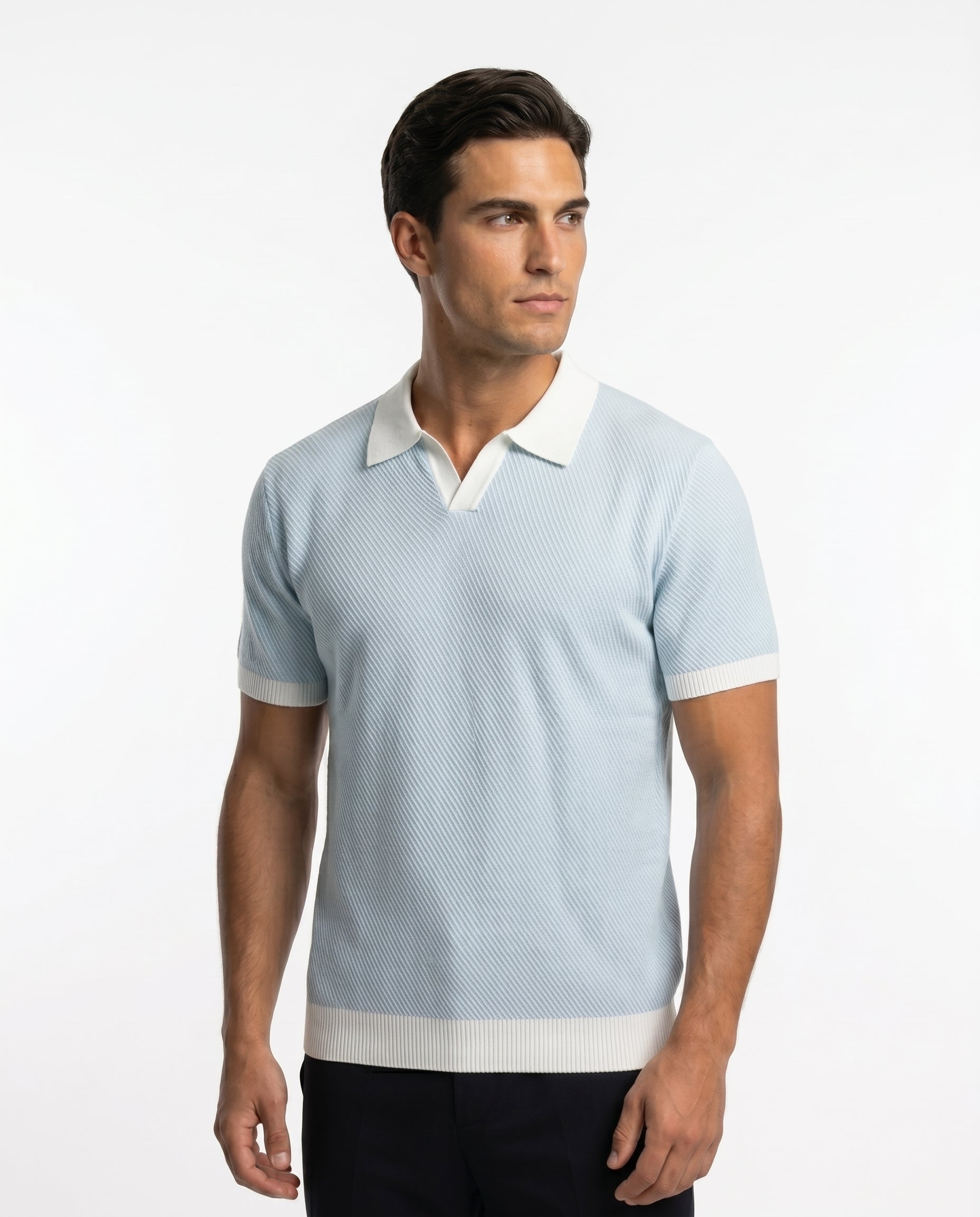 Kontrastkragen-Strickpolo, Himmelblau