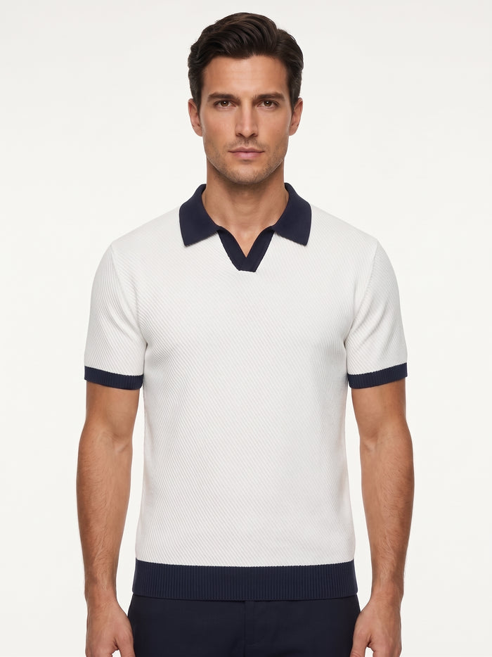 Contrast-Collar Knit Polo, White