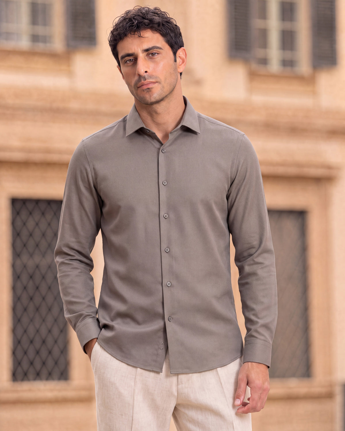 Fermo Non-Iron Stretch Long Sleeve Shirt - Taupe