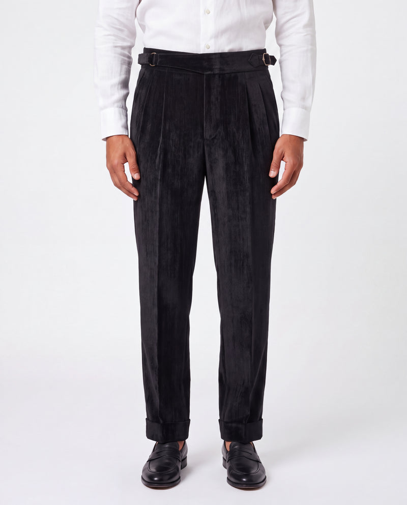 Venezia Pleated Velvet Gurkha Pants - Black