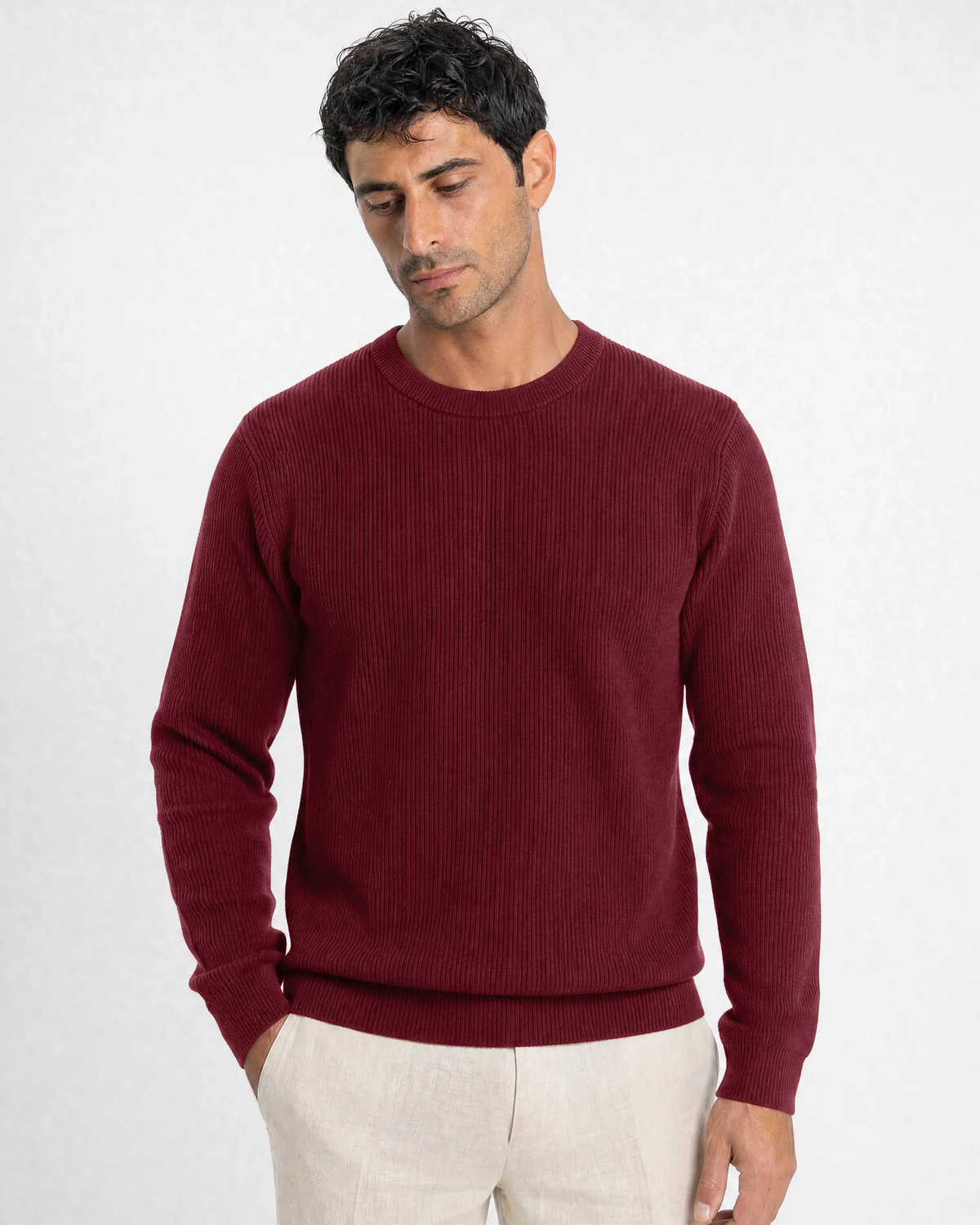 Verona Ribbed Mid-Weight Knit Crew - Burgundy