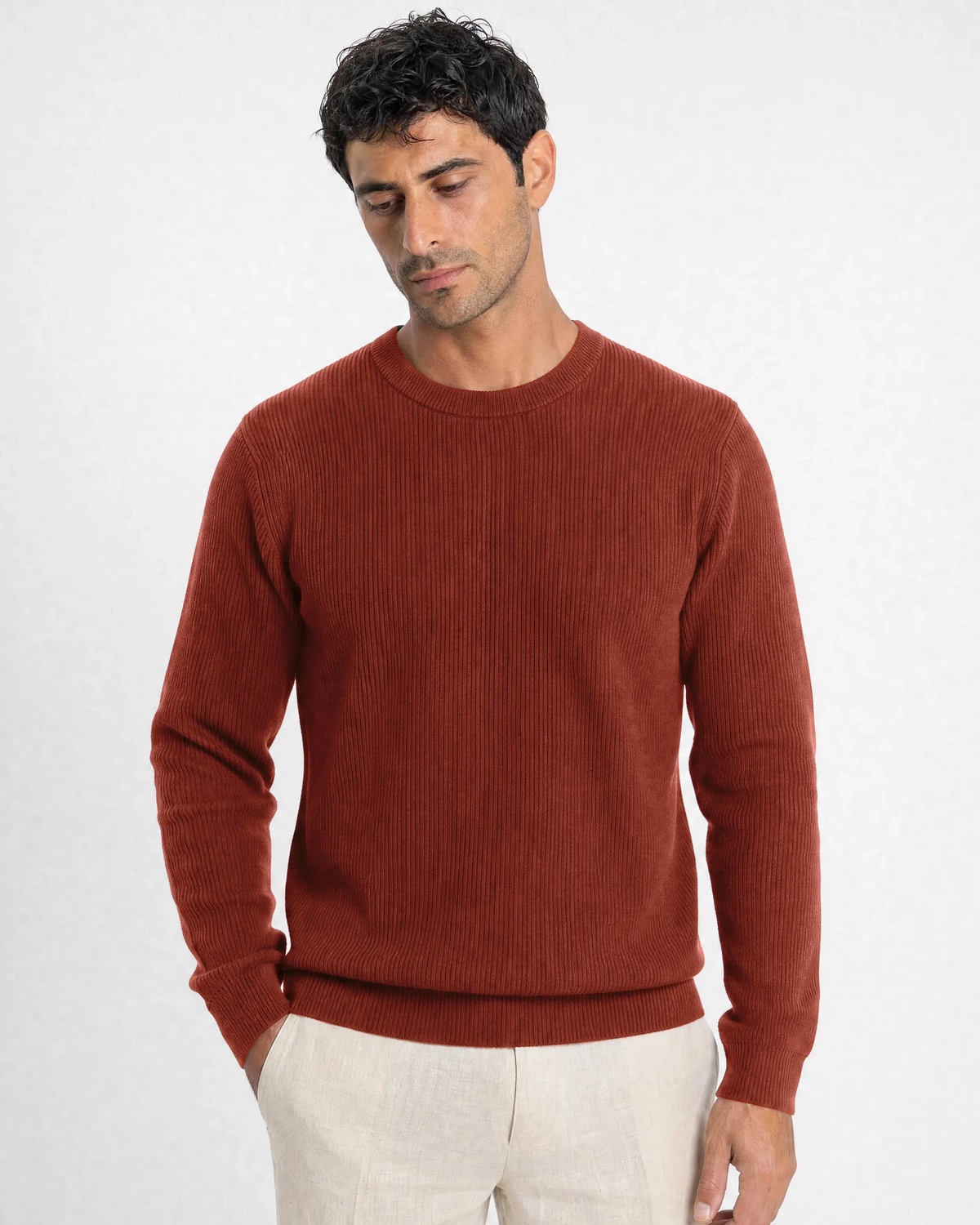 Verona Ribbed Mid-Weight Knit Crew - Rust