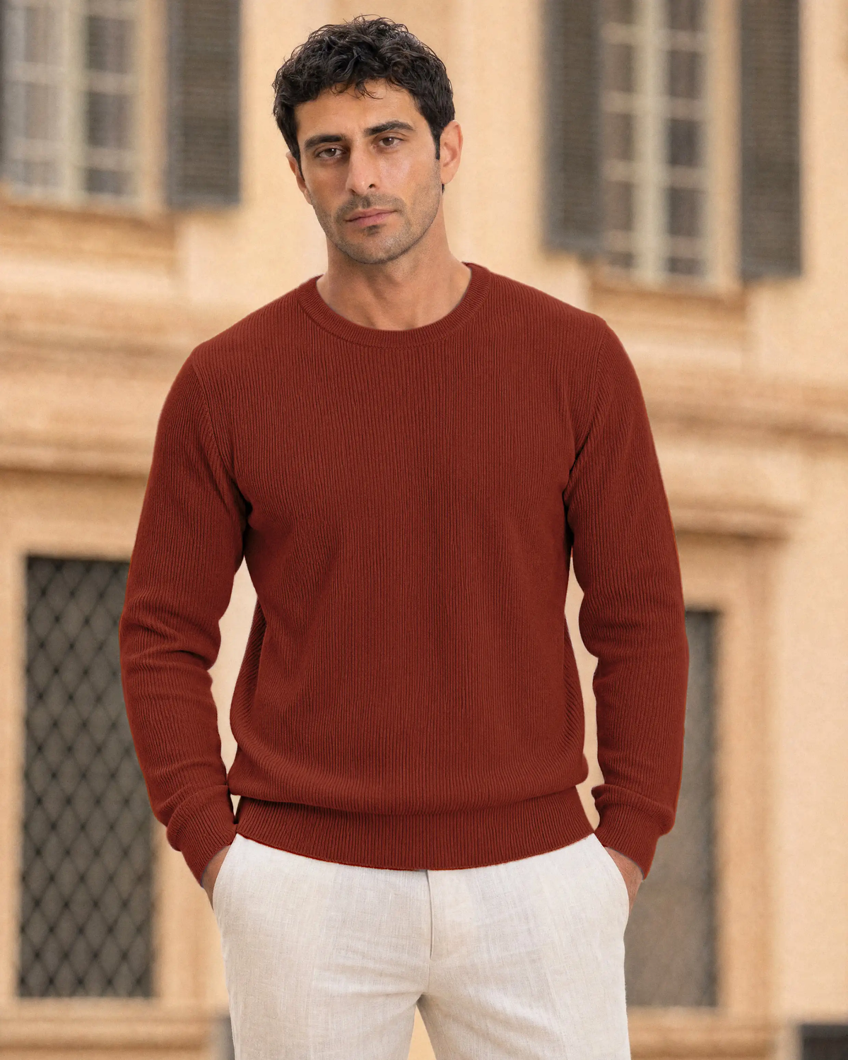 Verona Ribbed Mid-Weight Knit Crew - Rust